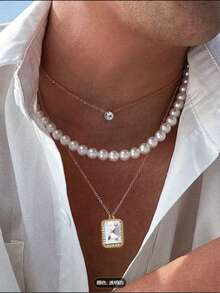 Set de 3 collares para hombre con colgante asimétrico de diamante 3D y perla falsa, accesorio de diseño minimalista de lujo - Conjunto de collar - Ver 14