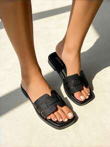 Sandalias planas de mujer de unicolor con punta abierta, sandalias de verano para mujer, nuevas sandalias de playa, elegantes y versátiles pantuflas planas de mujer, cómodas - Negro - Ver 3