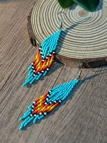 AHAYA 女士时尚流苏耳环，手工波西米亚风玻璃串珠耳环，轻盈奢华串珠耳钩，适合日常休闲佩戴、音乐节、毕业礼物等场合 - 綠松石色 - 查看 8