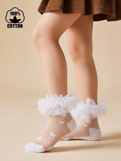 1双棉质女童大蕾丝边网眼舞蹈袜，优雅公主风短袜，适合派对穿着
