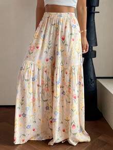 Quần ống rộng dáng suông nhẹ nhàng dành cho nữ, họa tiết hoa nhí khắp thân quần, chi tiết thắt nút và viền bèo nhún có túi, thích hợp cho kỳ nghỉ xuân. - Nhiều màu - Xem 2