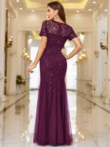 MIUSOL Elegant Sequin Floral Lace Contrast Mesh Mermaid Tail Evening Party Dress, Suitable For Formal Parties, Vacations, Graduation Ceremonies - Maroon - View 3