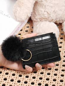 Adorned With A Delicate Pom Pom,Black Stone Pattern Alligator Print PU Portable Zipper Ultra-Thin Minimalist Small 6-Card Pack,Multi-Card Purse, Fashion Men'S And Women'S Short Wallet Simple Daily Use - Black - View 3
