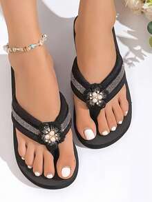 Women's Ruffle Double Flower Flip Flops, Thick Sole Outdoor Thong Sandals - Black - View 2