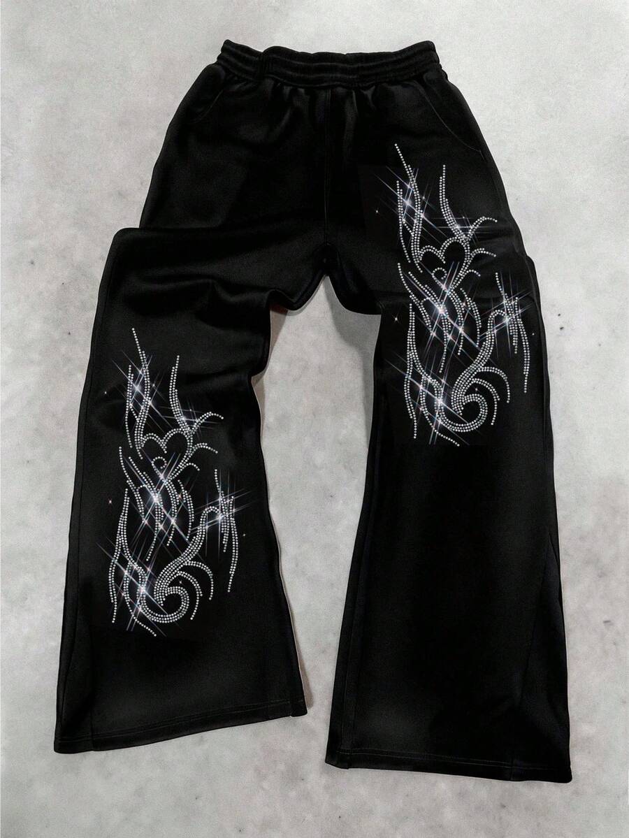 Women's Black Straight Leg Pants, Y2K Grunge Style, Rhinestone Flame Graphic, High Shine, For Streetwear & Party Outfits - Black - View 1