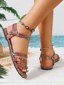 2025新款纯色波西米亚风搭扣后拉链简约时尚平底沙滩凉鞋，夏季休闲交叉绑带罗马凉鞋（女款） - 彩色 - 查看 5