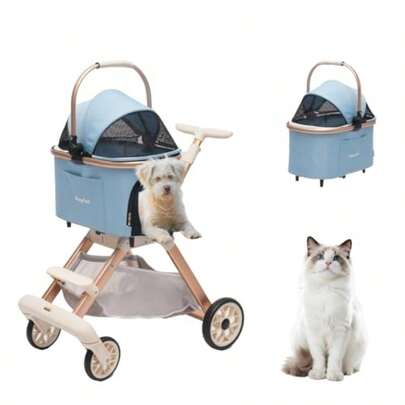 Pet Stroller With 4 Wheels Foldable Dog And Cat Carrier For Small/Medium Dogs And Cats Lightweight 3-In-1 Dog Stroller With Detachable Carrier Storage Basket Brake And Adjustable Canopy