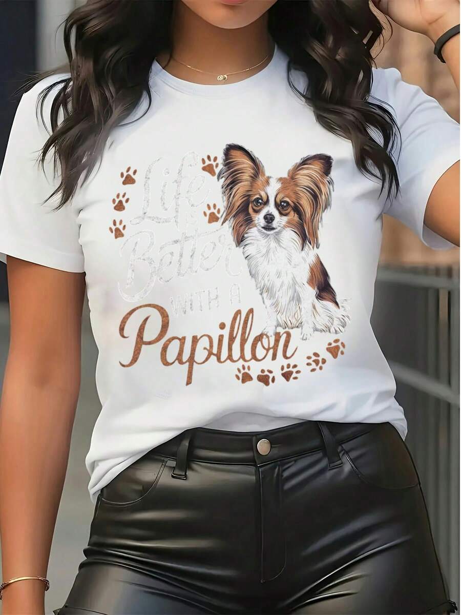 T-shirt à col rond à manches courtes décontracté pour femmes avec graphique de chien papillon. La vie est meilleure avec une empreinte de patte - Blanc - Voir 1