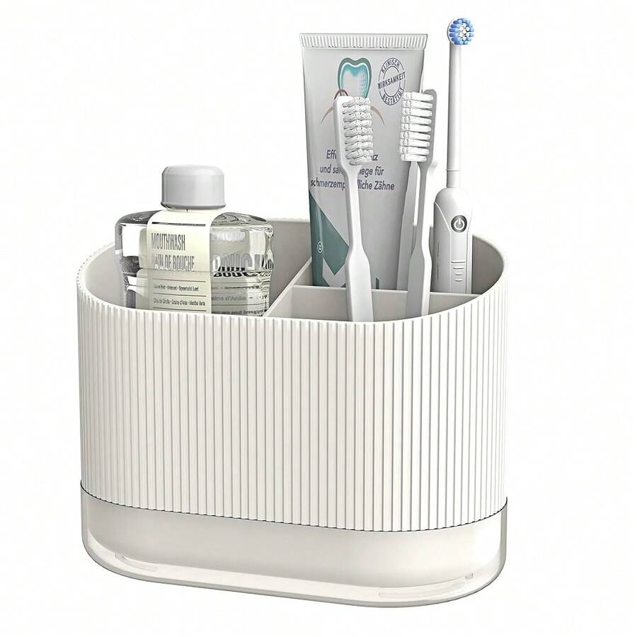 White Shower Toothbrush Holder For Bathroom, Cute Electric Tooth Brush Holder Countertop, Large Plastic Toothpaste Organizer Cup Tray Stand Storage Caddy With Drainage For Toddlersss, 3 Slots,3Slots,BeigeWhite - 米色白色 - 查看 1