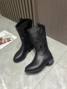 女童镂空刺绣西部牛仔靴，新款时尚中性儿童复古中筒靴，百搭马靴 - 黑色 - 查看 15