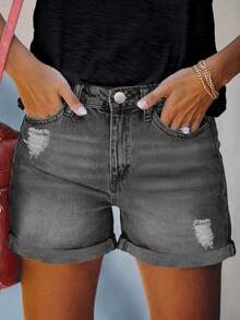 Casual Street Style Women Loose Denim Wide Leg Shorts, Fashion For Summer - Dark Grey - View 3