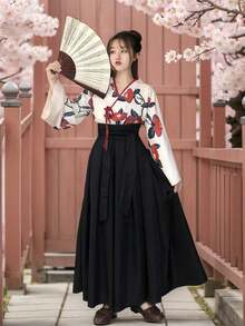 Bộ trang phục kimono cổ điển dễ thương và tươi tắn dành cho bé gái, kiểu dáng cải tiến, thích hợp cho các lễ hội, tiệc tùng, biểu diễn, dạ hội, sân khấu. Bao gồm áo và váy. - Nhiều màu - Xem 11