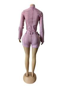 Denim Two-Piece Long-Sleeve Zip-Up Belted Bodycon Shorts Set Spring Summer Valentine's Day Outfit Trajes Elegantes De Mujer Spring Break Outfits Pink Outfit Women - 粉色 - 查看 4