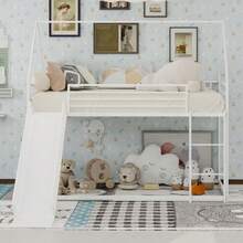Twin Over Twin Bunk Bed With Slide For Children's Bedroom, House-Shaped Bed Frame With Ladder, No Box Spring Required & Easy To Assemble - 白色 - 查看 12