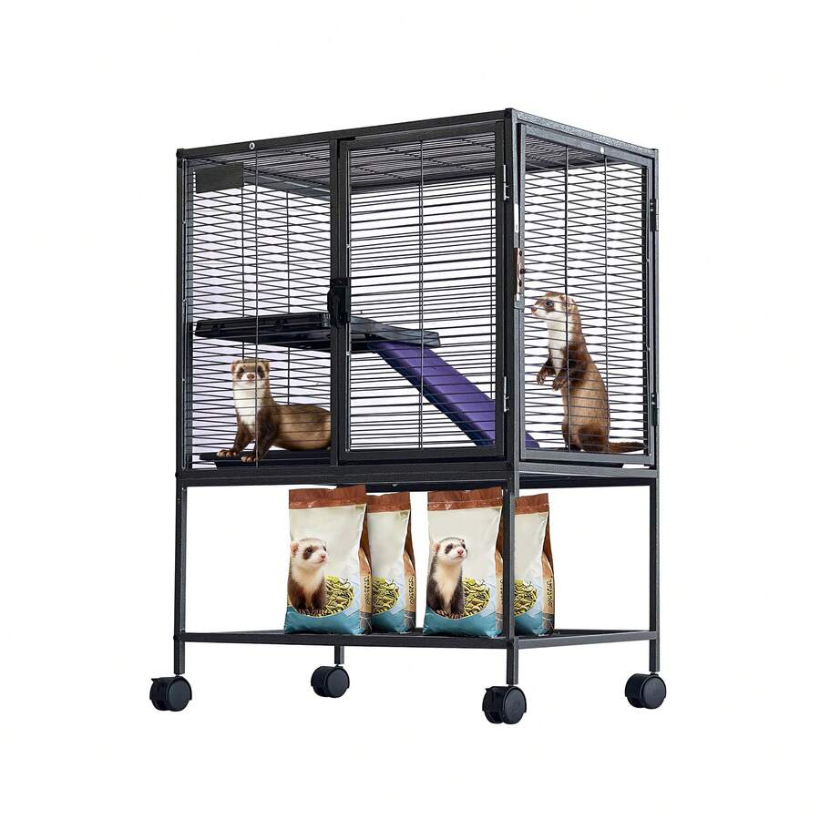 Metal Cage For Small Animals, 34-Inch Tall Multi-Level Ferret Cage For Small Animals, Large Hamster Cage With Ramp, Extra Storage Rack