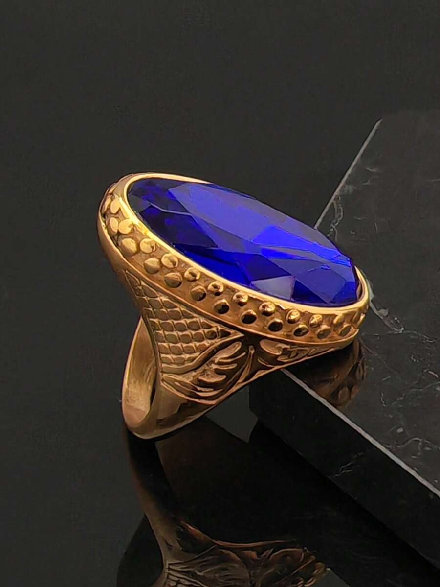 18K Gold Plated Cubic Zirconia Blue Stone 316 Stainless Steel Women's Ring, Elegant Minimalist Blue Gemstone Ring, High Quality Women's Gold Ring - Blue - View 1