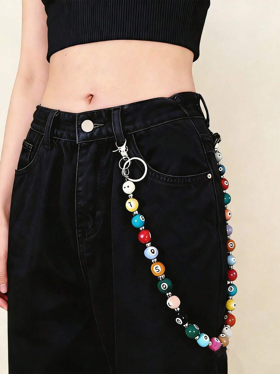 1pc Fashionable Dopamine Billiard Bead Waist Chain, Mini Personalized Niche Pants Chain, Versatile Denim Jeans Accessory, Bohemian - Multicolor - View 1