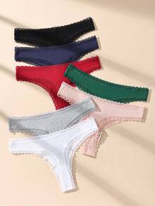7pcs/Pack Solid Color Cotton Bow Tie Thong Panties, Sexy Lace Patchwork Ribbed Women's Underwear - Multicolor - View 4