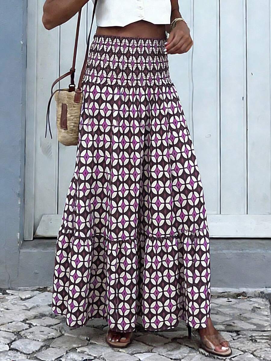 新款波西米亚风高腰弹力多层喇叭裙：紫棕色几何撞色印花，适合日常穿着、海滩度假、日光浴 - 彩色 - 查看 1