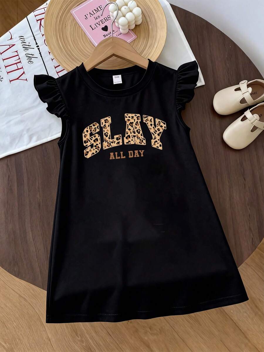 Đầm casual in chữ họa tiết da báo cho bé gái tuổi teen, thích hợp cho mùa xuân/hè. - màu đen - Xem 1