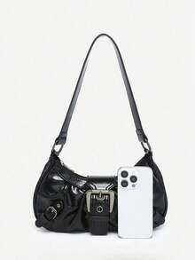 1pc Retro Maillard Distressed Leather Motorcycle Bag With Studs And Buckles, Soft Touch, Folded Detail, Cloud Shape, Shoulder & Crossbody Bag, Suitable For Work, Commute, Date And Party, Retro Inspired Vintage Bag For Women, Halloween Purse Perfect For Fancy Party Halloween Fashion & Gothic Fashion , Vintage Bag - 黑色 - 查看 7
