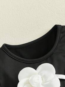 Vestido de verano para niña, estampado floral 3D de tul con patchwork, mangas cortas, cuello redondo, corte A - Negro - Ver 5