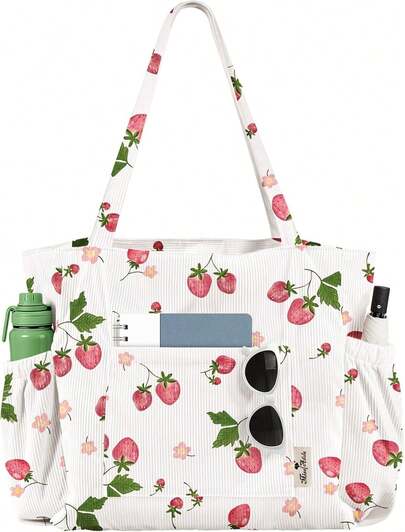 Large Cute Corduroy Canvas Tote Bag - Zipper Multi-Pocket Reusable Shoulder Bag For School