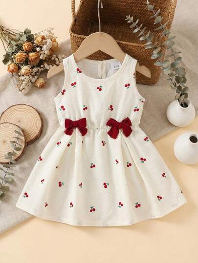 Vestido casual y lindo para bebé niña con estampado de cerezas, volantes y decoración de moño, cómodo para el verano