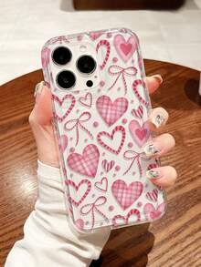 1pc Girly Valentine's Day Plaid, Stripe, Heart, Bow Design Painted Transparent Airbag Shockproof Phone Case, Suitable For Samsung/ XS/XS Max/XR/11/12/13/14/14 Plus/15/15 Plus/16/16 Plus/7/8 Plus/17/17 Pro And Other Phone Models - Multicolor - View 1