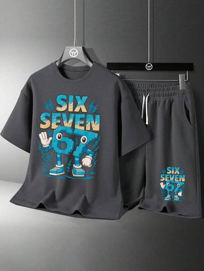 Youth Boy Letter Graphic Print Round Neck Short Sleeve T-Shirt And Shorts Set