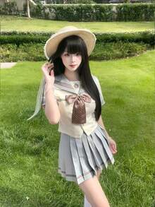 Cosplay Clothing - Bộ đồng phục thủy thủ tay dài màu trắng + nơ cổ + chân váy xếp ly màu xanh nhạt - Xem 4