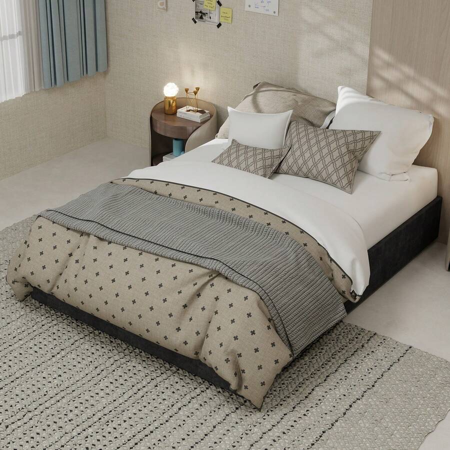 Modern And Sleek Style Bed Frame, 140*200 Cm, Grey, Dutch Velvet Fabric, With Gas Lift, Modern Bedroom Furniture, Headboard And Mattress Not Included.