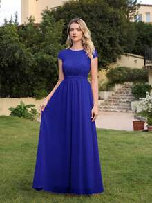 Babyonlinedress Plain Elegant Romantic Chiffon Contrast Lace  Backless  Zipper  Bridesmaid Dress  Wedding  Party  Formal & Evening  Wedding Guest  Prom  Homecoming - 寶藍色 - 查看 2