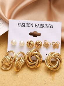 6pcs Gold Bamboo Hoop Earrings, Suitable For Daily Wear