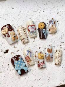 3件套美甲模具套装 - 蝴蝶结、泰迪熊、饼干、小猫、奶油蕾丝，可爱3D美甲装饰DIY透明硅胶模具 - 無色 - 查看 7