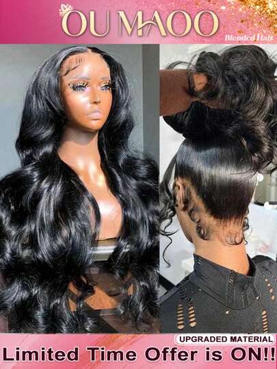 13x4 高清蕾丝前假发，真人发混纺，自然波浪卷，8-34 英寸 - 200% 高密度预拔毛无胶前假发，黑色，自然发际线，适合日常佩戴，无需胶水，即戴即用