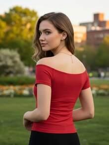 Women Dot Print Summer Tops Off Shoulder Short Sleeve Crop Slim Fit Shirts For Daily Office Party - Đỏ - Xem 6