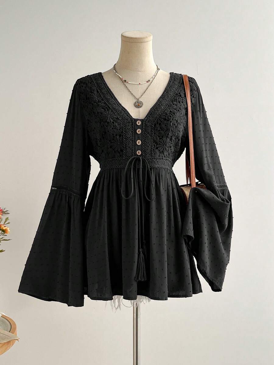Rusttydustty Áo hai dây ren phối họa tiết phong cách Bohemian với tua rua, thích hợp cho kỳ nghỉ, trang phục thường ngày, thanh lịch, cũng phù hợp cho các lễ hội âm nhạc, màu đen mùa xuân. - màu đen - Xem 1