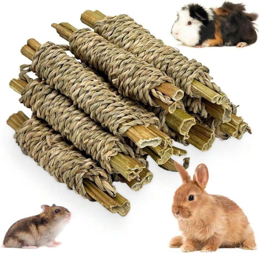 Fhiny 12 PCS Rabbit Chew Sticks, Natural Papaya Wood Seagrass Guinea Pig Chew Toys For Teeth Small Animal Molar Sticks Snacks For Bunny Guinea Pig Chinchilla Ferret Hamster Gerbil Dental Care - ColorB - 查看 1