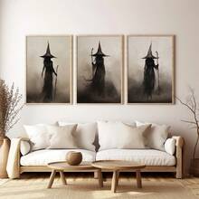 3pcs/Set Retro Witch Halloween Canvas Art Print, Abstract Wall Decoration, Suitable For Home Decor, Room Decor, Bedroom Decor, Living Room Decoration, Bathroom Decor, Wall Decor. Optional Wall Art With Frame.