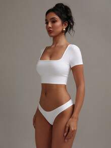 XLLAIS Áo thun cổ vuông tay ngắn, chất liệu co giãn cao, thoáng khí, hai lớp, màu trắng cơ bản, dáng crop top, dành cho nữ. - trắng - Xem 1
