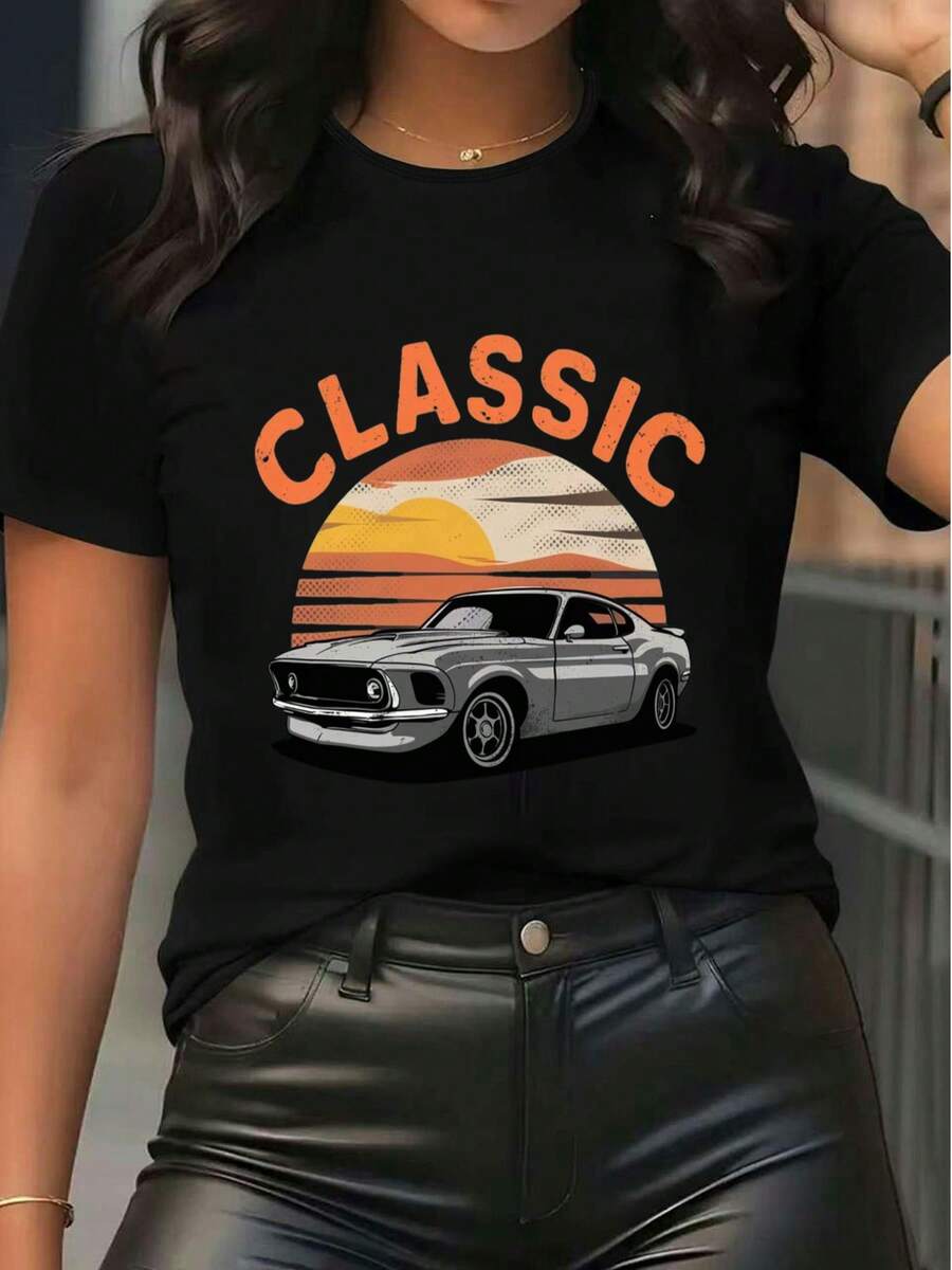 Vintage Classic Car Graphic Tee Women's Casual Short Sleeve T-Shirt Retro Sunset Printed Crew Neck Top For Summer Daily Wear - Black - View 1