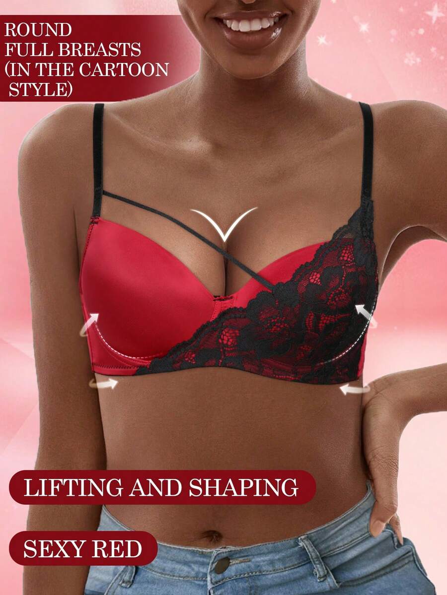 Women's Wine Red And Black Lace Bra - Sexy Glossy Lace Patchwork, Lift And Supportive Design, Comfortable And Breathable, Suitable For Daily Wear And Party Occasions - Burgundy - View 1