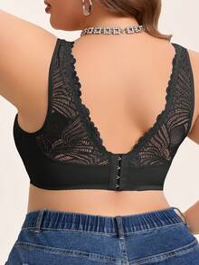 1pc Plus Size Women Embroidered Lace Deep V Wireless Comfortable Breathable Lingerie - Black - View 3