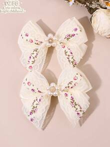2个白色丝带蝴蝶结发夹，仿珍珠和水钻发夹，花朵印花发卡，适合女孩儿童日常佩戴，可作礼物 - 白色 - 查看 8