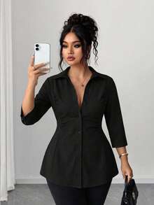 Elegant Black Ruched Waist Ruffle Hem Shirt, Fitted 3/4 Sleeve Button Down Blouse, Women's Casual Office Work Top - Black - View 1