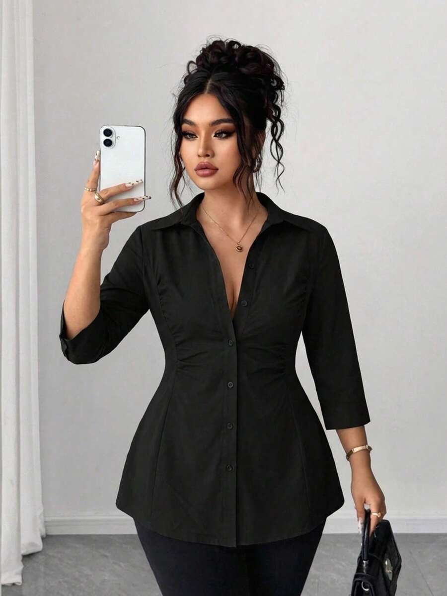 Elegant Black Ruched Waist Ruffle Hem Shirt, Fitted 3/4 Sleeve Button Down Blouse, Women's Casual Office Work Top - Black - View 1