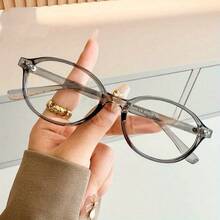 Preppy Style Oval Reading Glasses - Retro Small Frame,  Aesthetic Brown Eyeglasses, Lightweight Plastic Eyewear For Daily & Office Wear - 透明灰色 - 查看 13