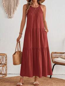Women Summer Sleeveless Loose Dress Casual Hollow Out Halter Sleeveless Boho Long Sundress Spring Beach Holiday Vacation Valentine Long Maxi Dress - 鐵鏽紅 - 查看 6