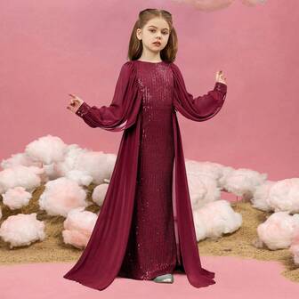 女童亮片装饰灯笼袖圆领化装裙